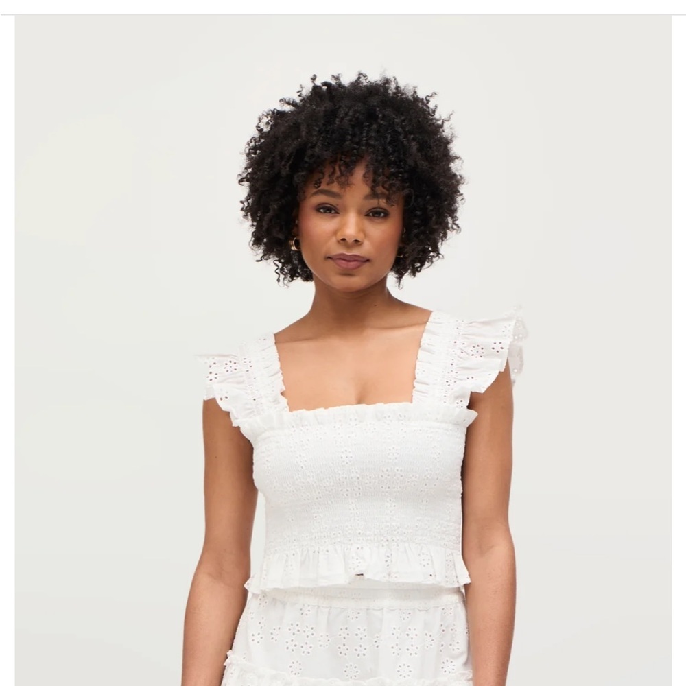 HILL HOUSE The Cropped Paz Nap Top White Peplum Ruffle Eyelet Sz L NEW